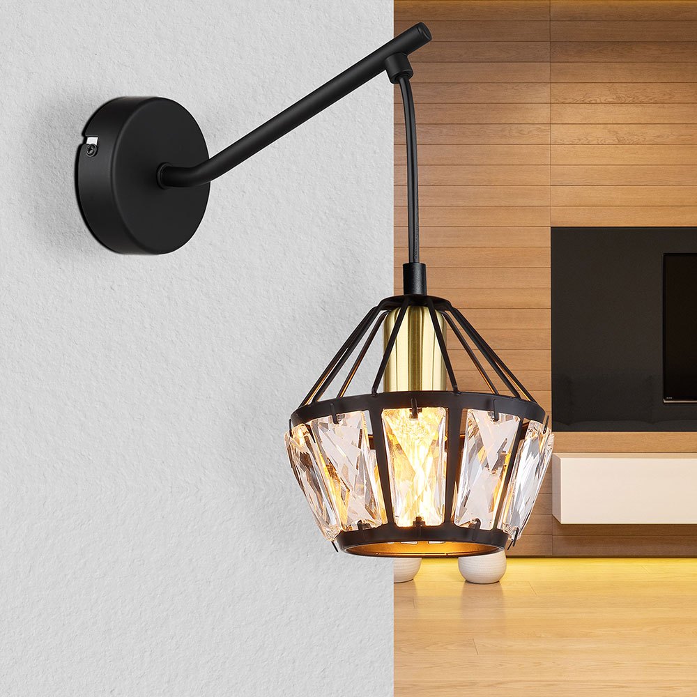 Image of Wall Lamp, Wall Light, Hallway Lamp, Living Room Light, Metal Black Glass Crystals Clear Brass, Classic, 1x E14 Socket, Dxh 12.5x25cm