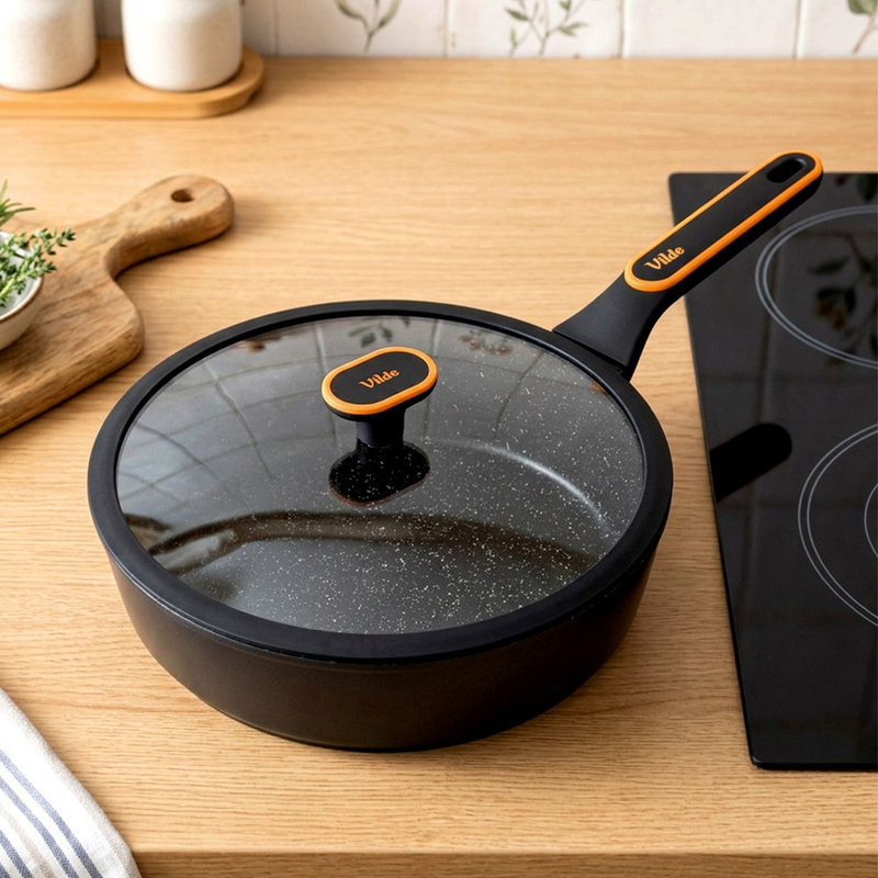 Image of Granite Terruna 28 Cm Frying Pan With A Glass Lid, Aluminum Granite Coating, Black, For Frying And , Diameter 28 Cm, Suitable For Induction And Dishwasher, Heat-resistant Handle, Vilde Terruna Line.