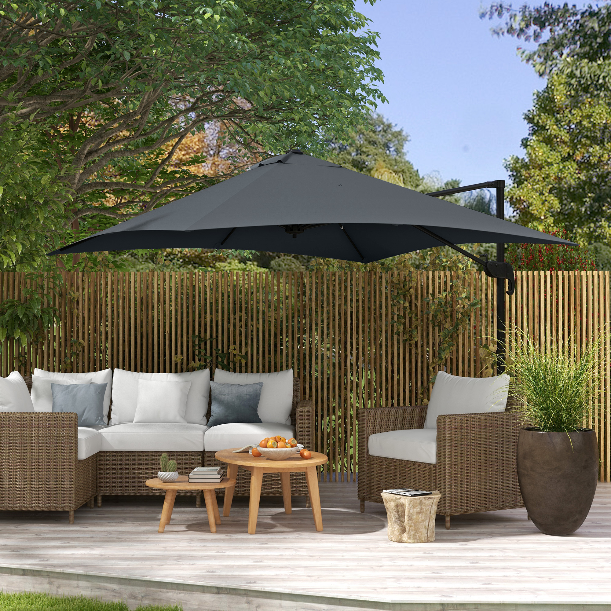 Outsunny Offset Square Tilting 360° Rotating Parasol with Crank Handle - Aluminium 3L X 3L X 2.6H M Dark Grey
