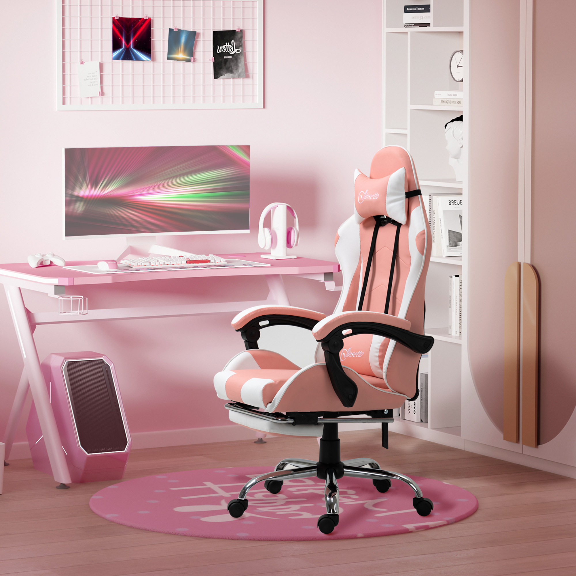 Image of Gaming Chair Ergonomic Office Chair Computer Chair Gamer Chair With Headrest Lumbar Cushion Office Chair Height Adjustable Swivel Foam Leather Pvc Pink+white 64 X 67 X 119 - 127 Cm