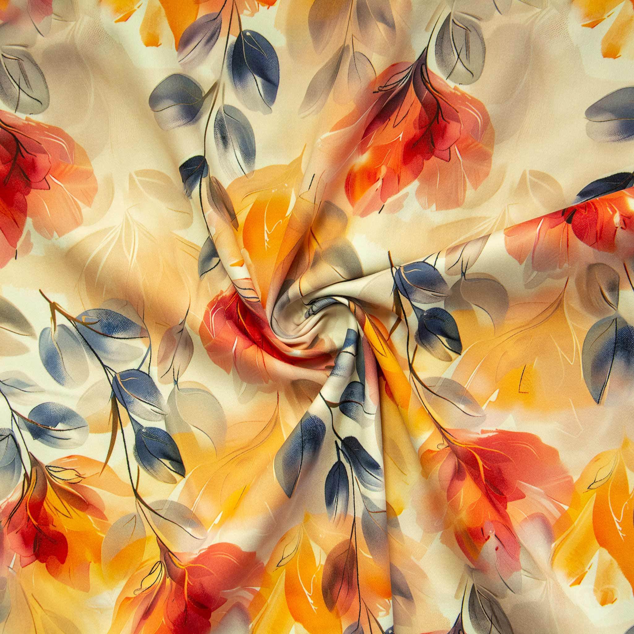 Image of Cotton Fabric With Orange Blossoms, 3% Elastane For Shirts, Dresses & Accessories, 1/2 Meter By The Yard (150cm), Woven Fabric, Summer Satin Weave, From 0.5m