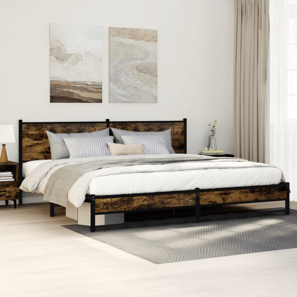 Image of Vidaxl Bed Frame, Metal Bed With Headboard, Bed Frame With Slatted Base, Double Bed For Bedroom, Smoked Oak Metal 200x200cm