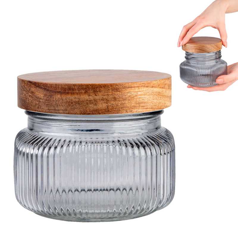 Textured Glass Container With A Wooden Lid, 0.5 L, For Food Storage, Gray
