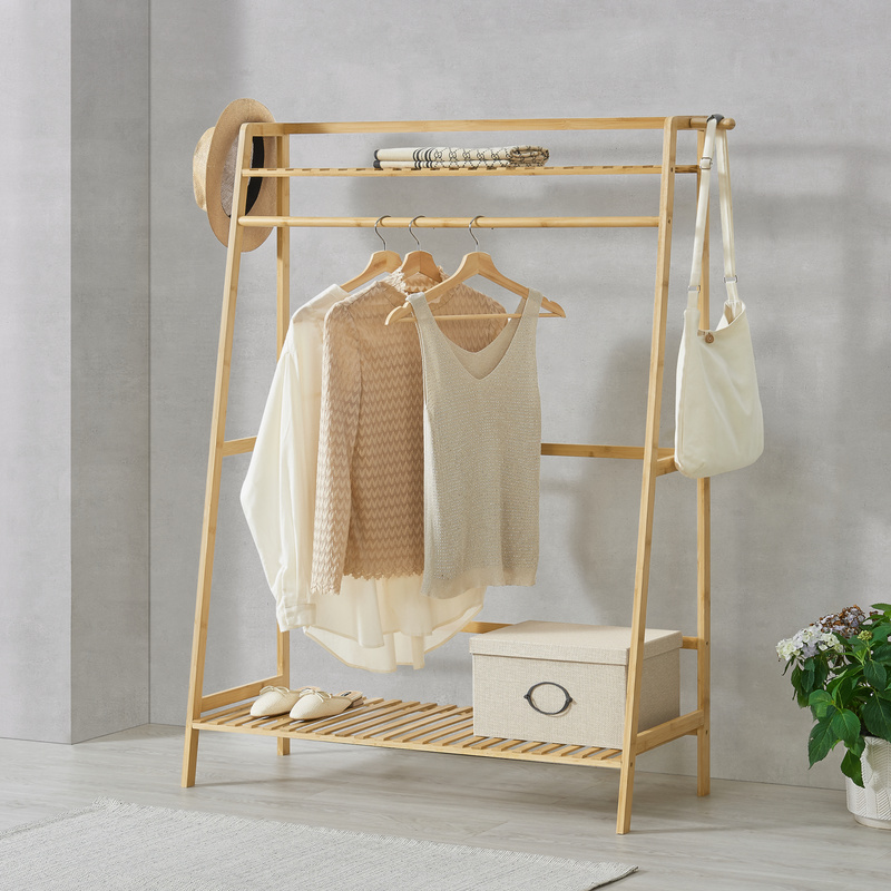 Image of Föglö Coat Rack 139 X 100 X 40 Cm With 2 Shelves And Hooks Open Wardrobe Made Of Natural Bamboo