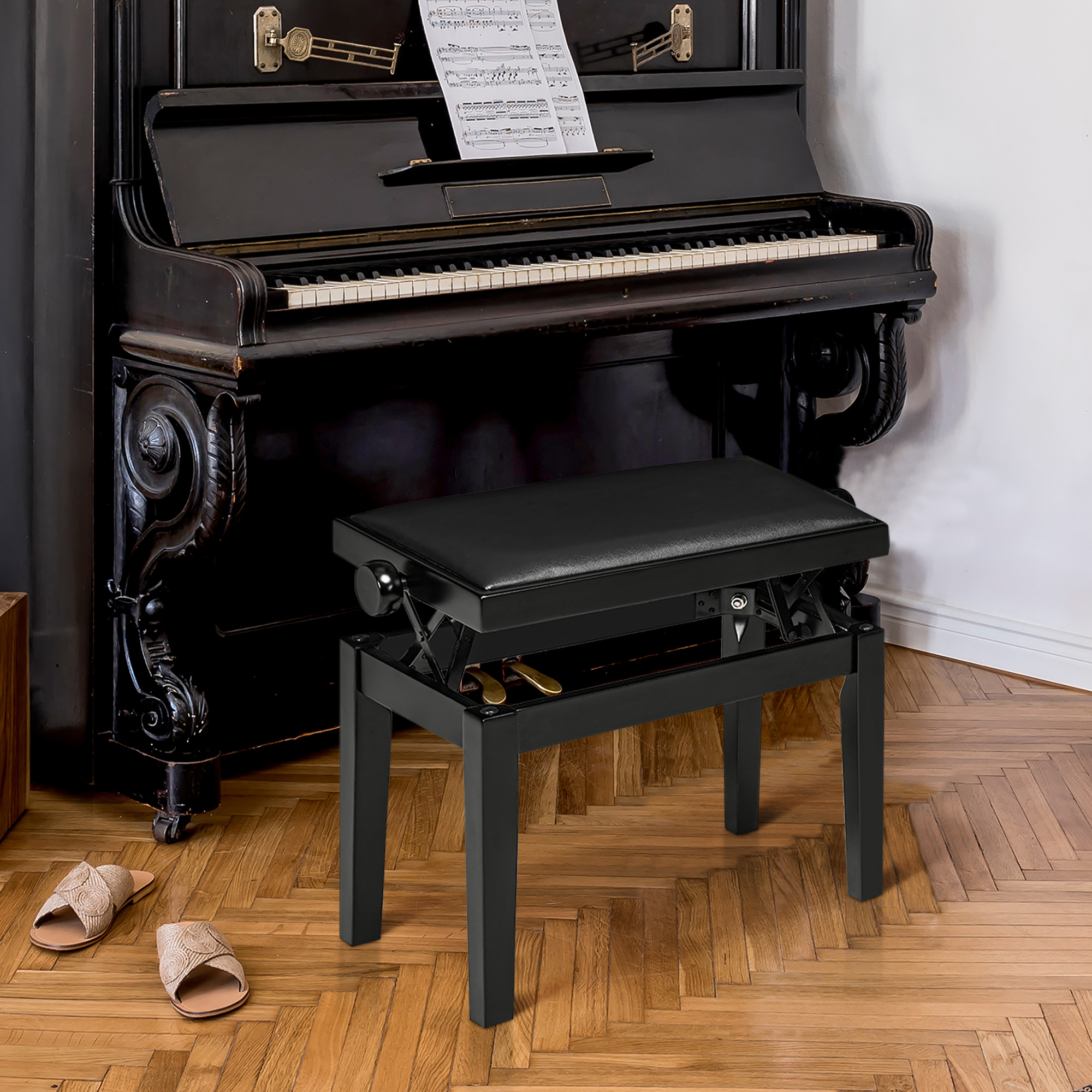 Piano Stool Height Adjustable Piano Bench With Leather Cushion Piano Bench Artificial Leather Rubber 63 X 33 X 45-56 Cm