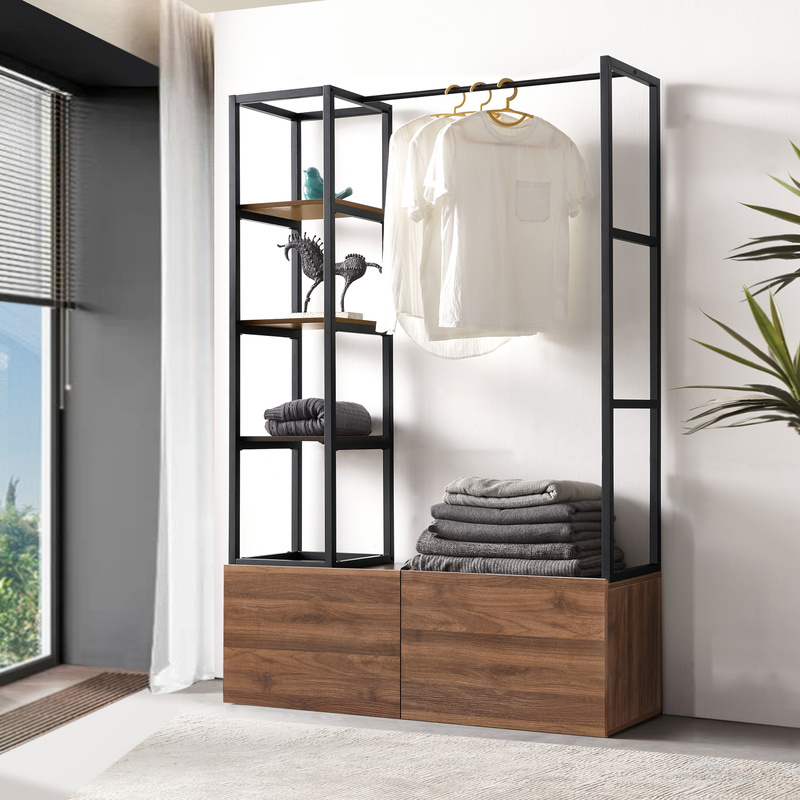 Egmating Metal Rack With 1 Rod, 4 Compartments, 2 Drawers, Walnut Finish