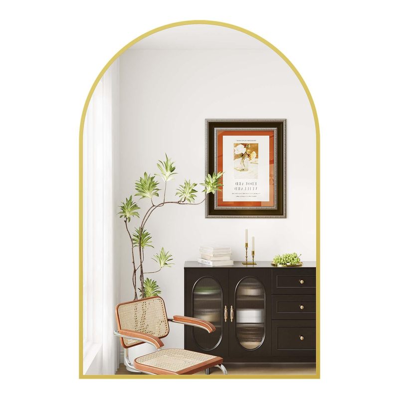 Image of Gold Arched Wall Mirror 55x76cm (22"x30"), Modern Metal Frame Vanity Mirror, Shatterproof Tempered Glass Arch Mirror For Bathroom & Living Room