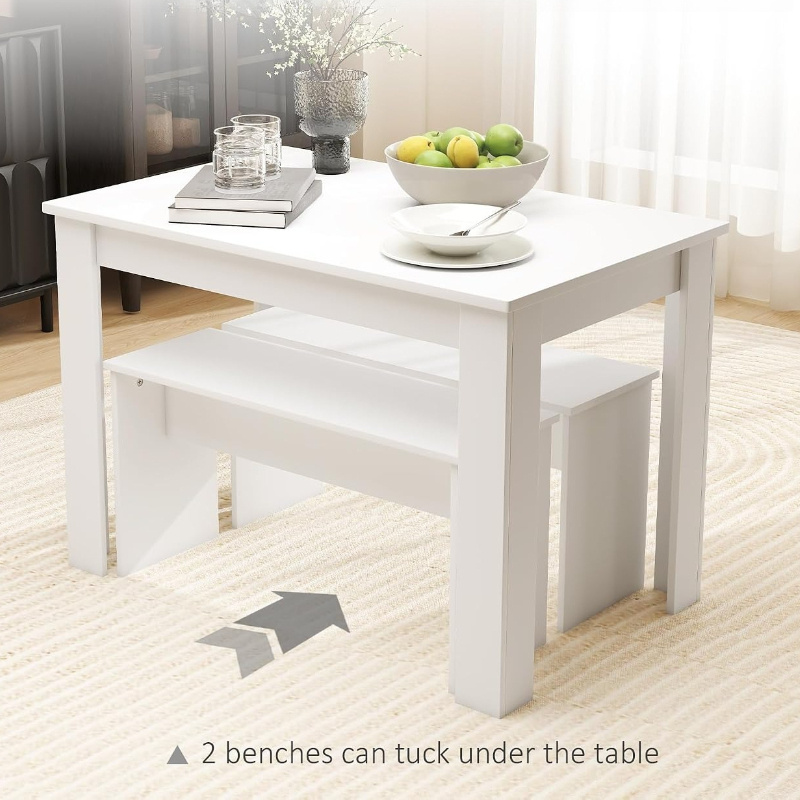TEMU White Wooden Kitchen Dining Table, 2 Benches To Seat 4 Table And Chairs Set For Space Dining Table Desk Chair Set 3 In 1