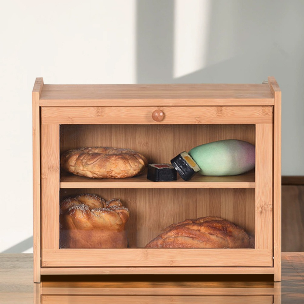 Kitchen Counter Storage Cabinet, 2-layer Bamboo Organizer With Transparent Window For Spice Jars Bread Pastries, Countertop Pantry Cupboard For Small Kitchen