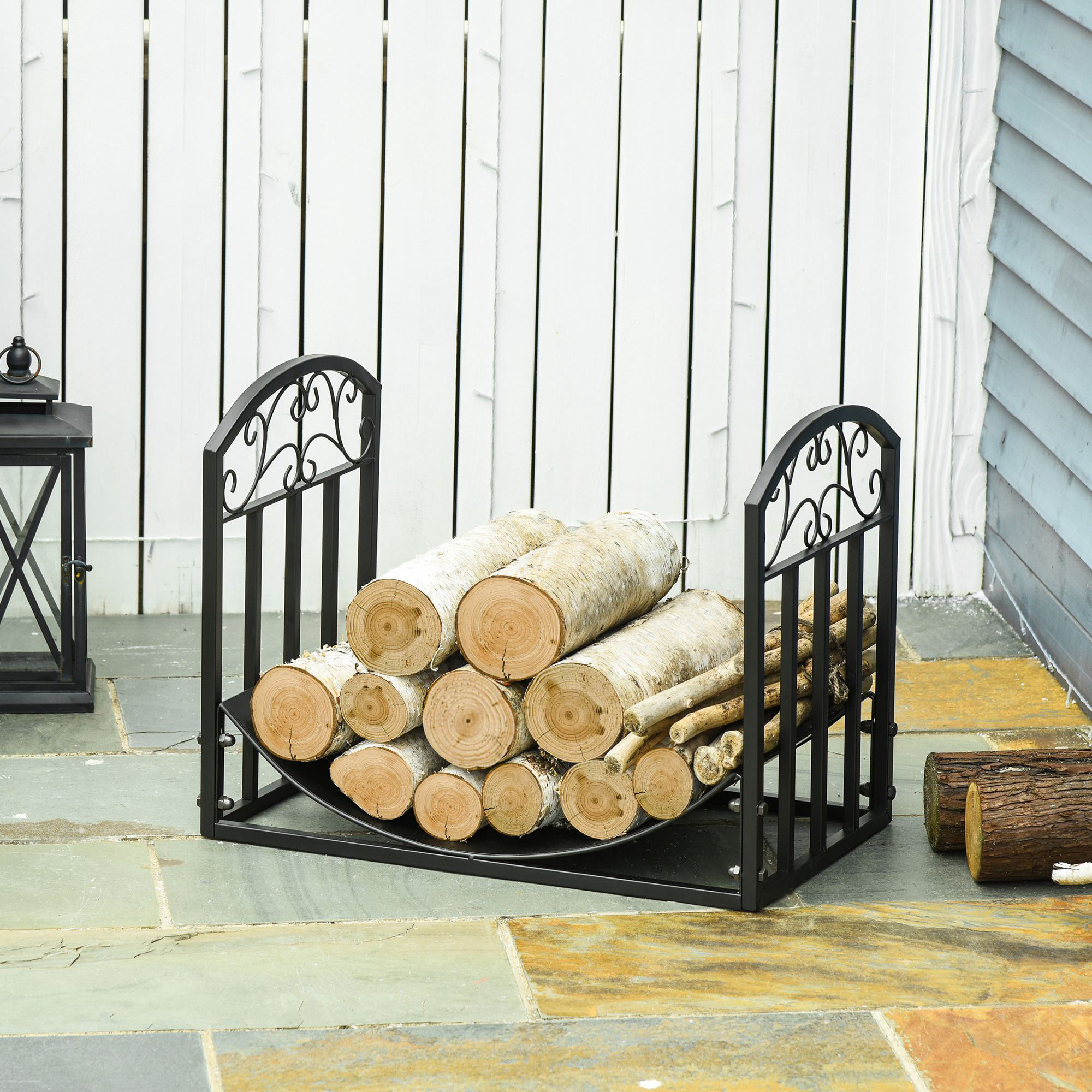 Image of Firewood Rack Firewood Stand Firewood Rack With 4 Firewood Tools Fireplace Cutlery 3-level Design Firewood Holder Fireplace Tool Metal Black