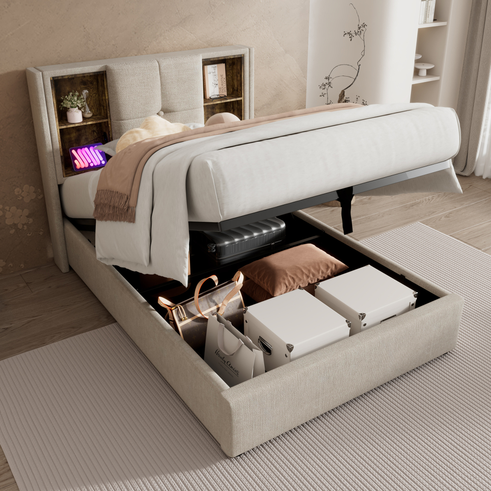 Image of 90x200cm Upholstered Bed With 4 Storage Compartments – Gas Spring Bed Base (huge Storage Space), Foldable Slatted Frame, Oxford Dust Cover, Handle Lift Included, Elastic Pine Wood Slats