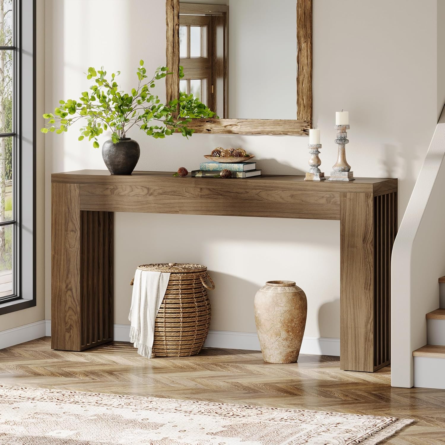 Image of Vintage 150cm Long Console Table, Farmhouse Wooden Sofa Table Behind The Couch With Vertical Slat Legs For Entrance, Hallway, Entryway, Living Room (rustic Brown)
