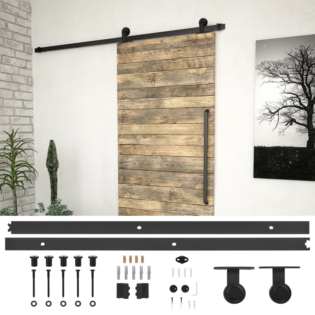 Image of Vidaxl Sliding Door Fitting Set Sliding Accessory Part Pulley Door Accessory Sliding Rail Sliding Door Set Fitting 200cm Steel Black