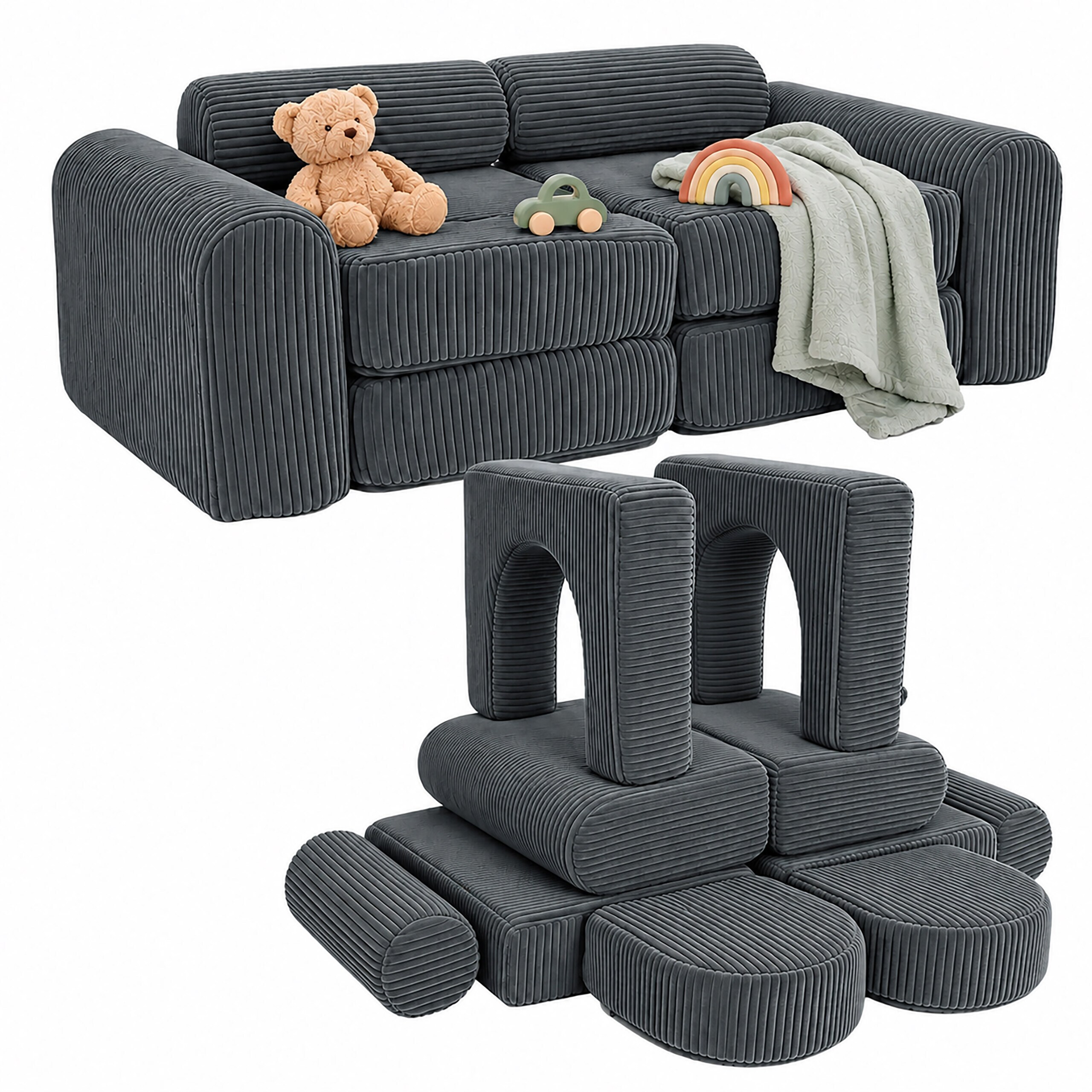 Image of Children's Sofa Modular, 10pcs, 32 X 108 X 50 Cm, Cord Fabric, Polyurethane Foam, , Removable Covers, For Children's Room, Playing And Relaxing, , Children's Couch, Seating Furniture, Relaxdays