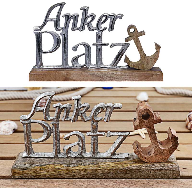 E-shop Schriftzug '' Anker silber 25x15x5cm Mangoholz Aluminium Dekoaufsteller Tischdeko Aufsteller