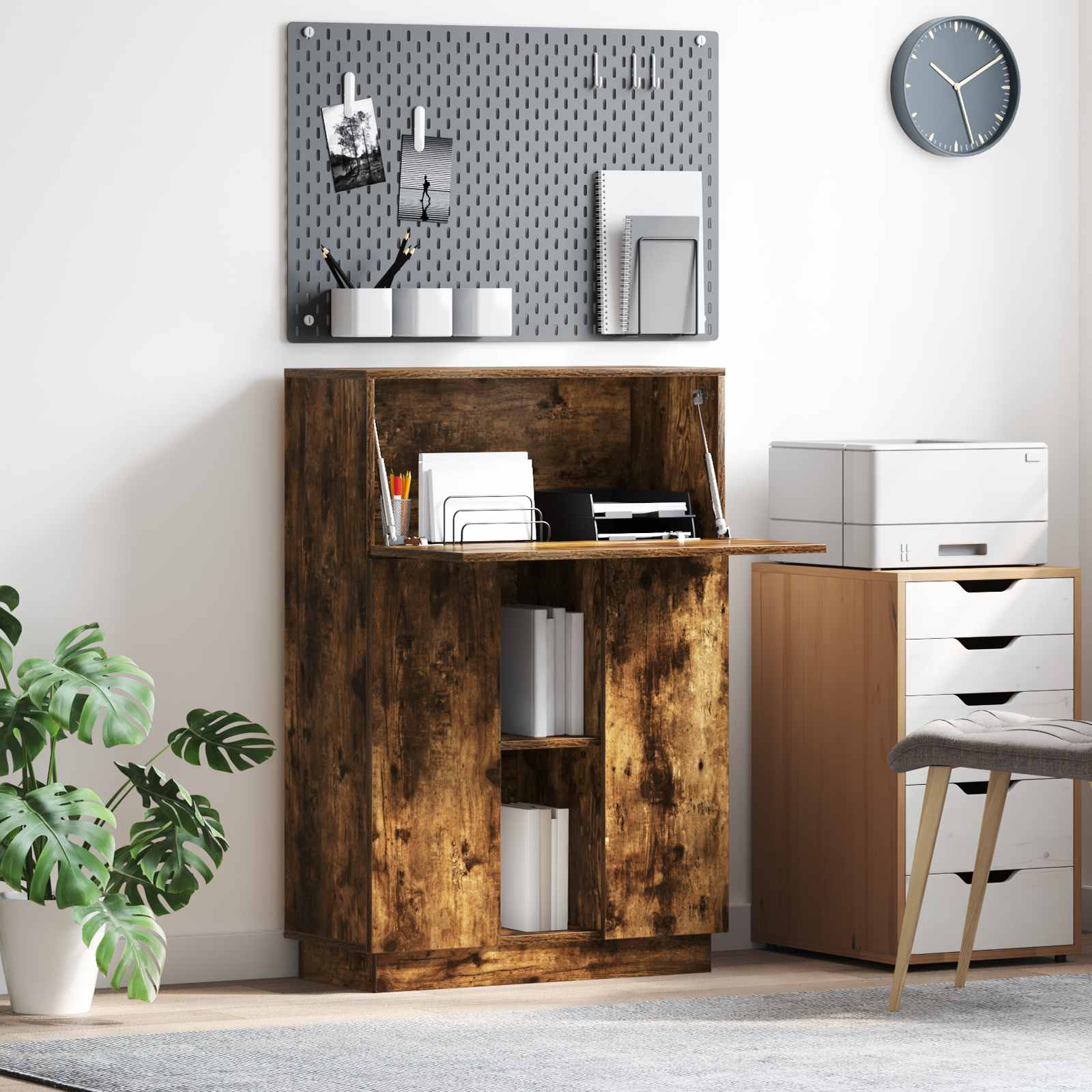 Image of Desk Smoked Oak 71.5 X X 106.5 Cm Wood, Modern Home Office Desk, Space-, , With Storage, Functional