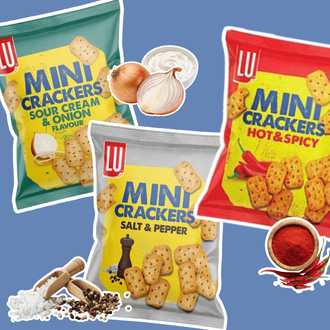 Lu Mini Crackers Mix - Salt & Pepper, Sour Cream & Onion, Hot & Spicy, Crispy Cracker Selection, 3 Varieties Combined