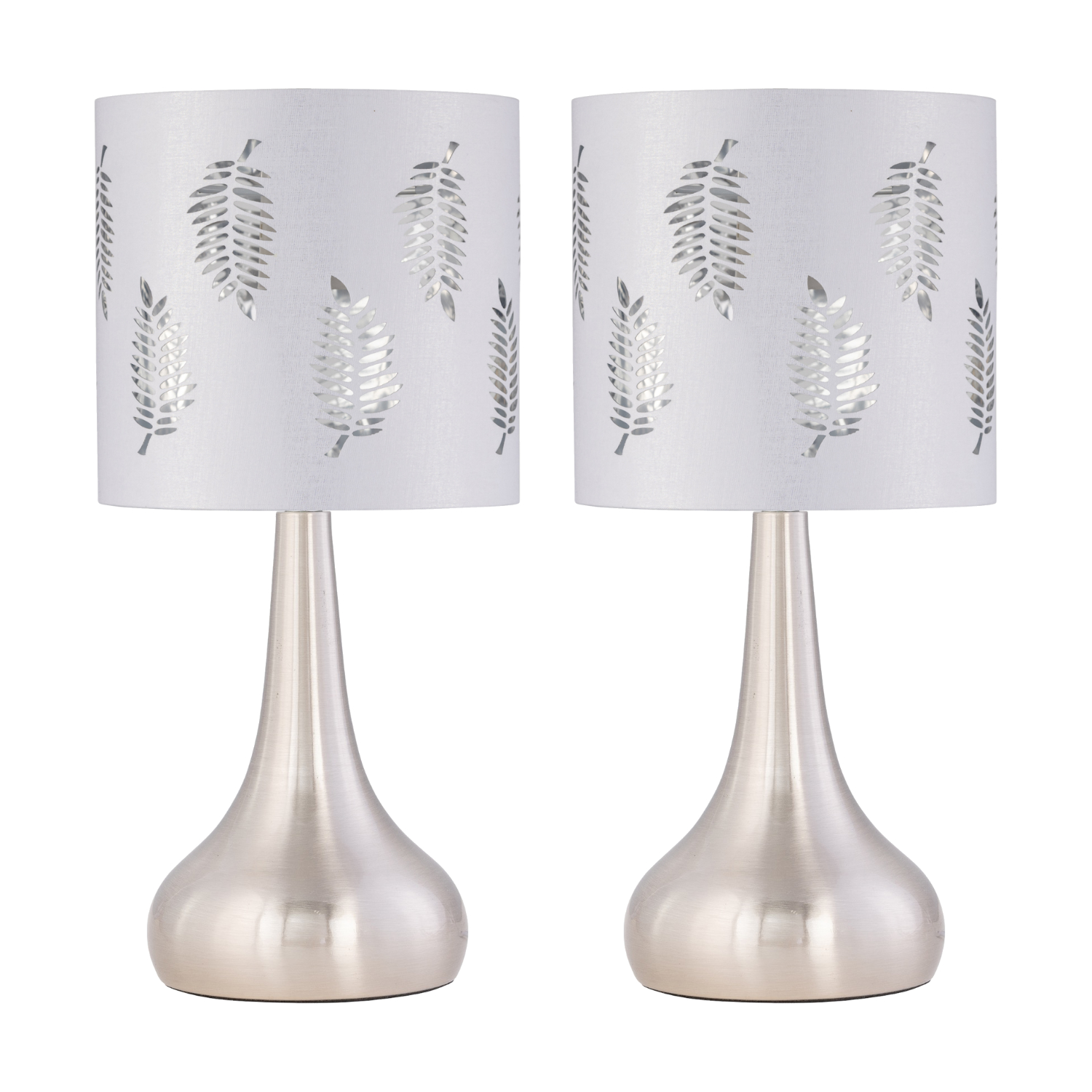 TEMU Set Of 2 - Brushed Chrome Touch Lamps With White Fern Shades