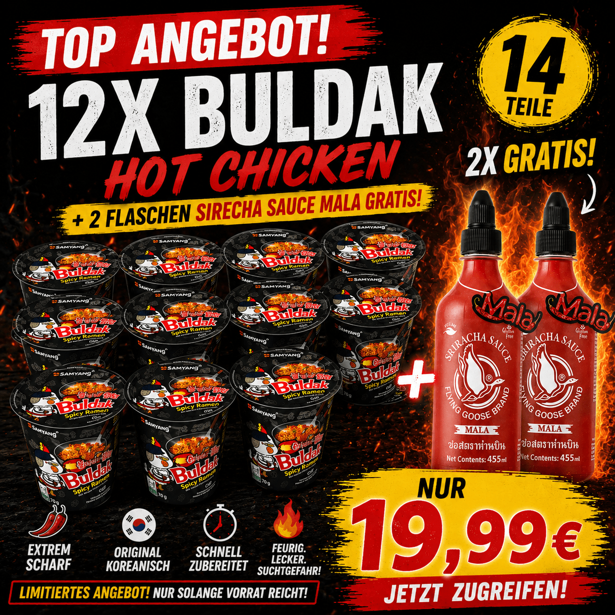 12x Samyang Buldak Hot Chicken Ramen Cup 80g + 2x Free Sirecha Mala Sauce 455ml