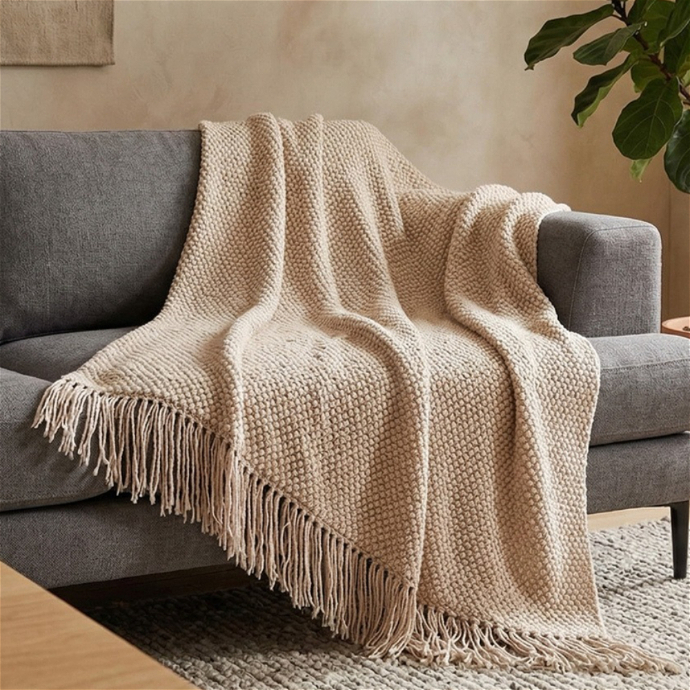 TEMU 1pc Nordic Style Solid Color Corn Pattern Knitted Fringed Small Throw Blanket, Sofa Blanket, Comfortable Mesh, Soft And Warm, Suitable For ,