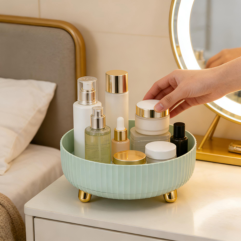 TEMU Practical Light Green Rotating Storage Box (22x22x7.5cm), 360° Spinning Cosmetic Organiser For Dressing Table And Desktop, Multi-use Jewelry &