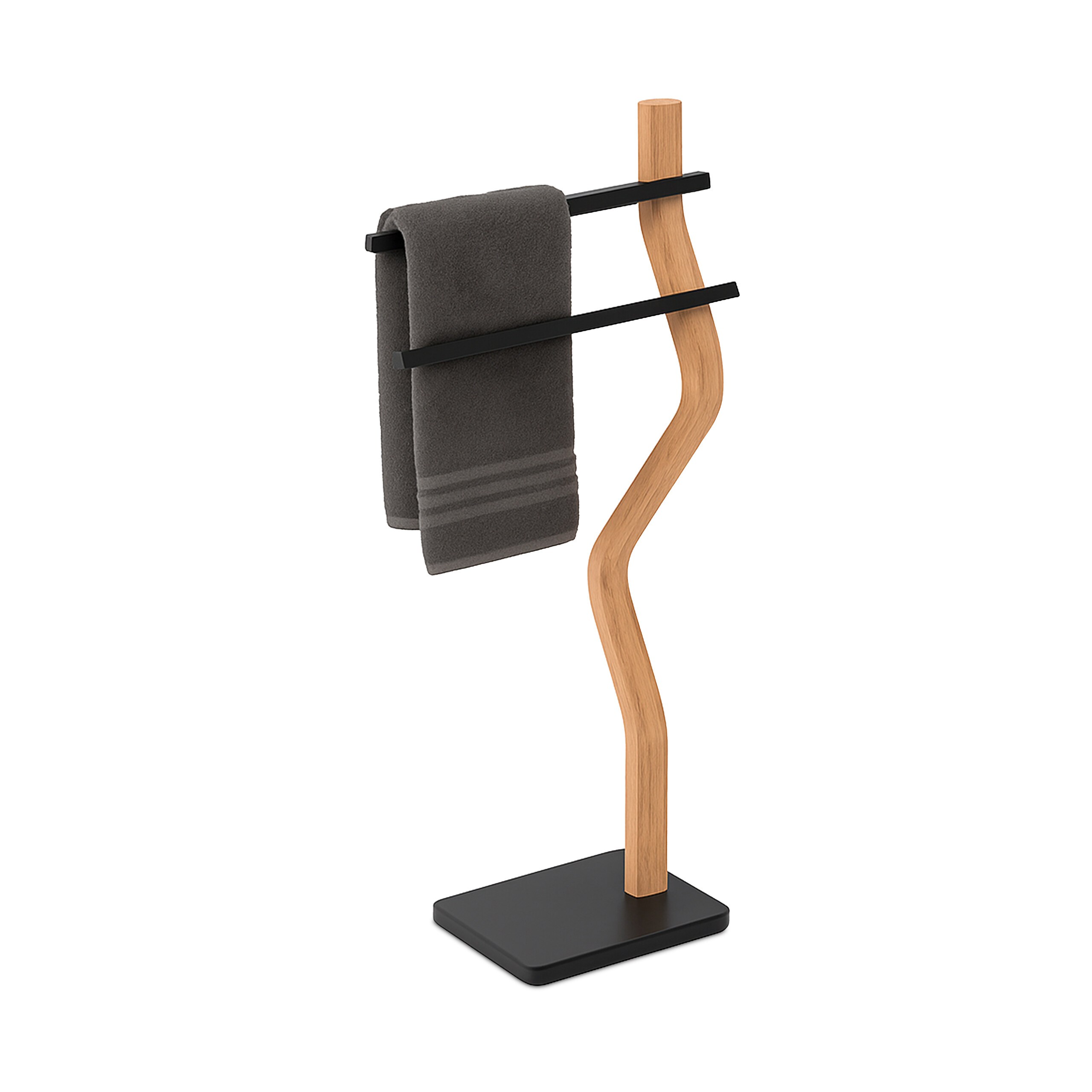 TEMU Portasciugamani a 2 livelli, 86 x 37 x 18 cm, ferro, legno e plastica, 2 bracci sfalsati, /naturale, da terra con base in cemento, per bagno e
