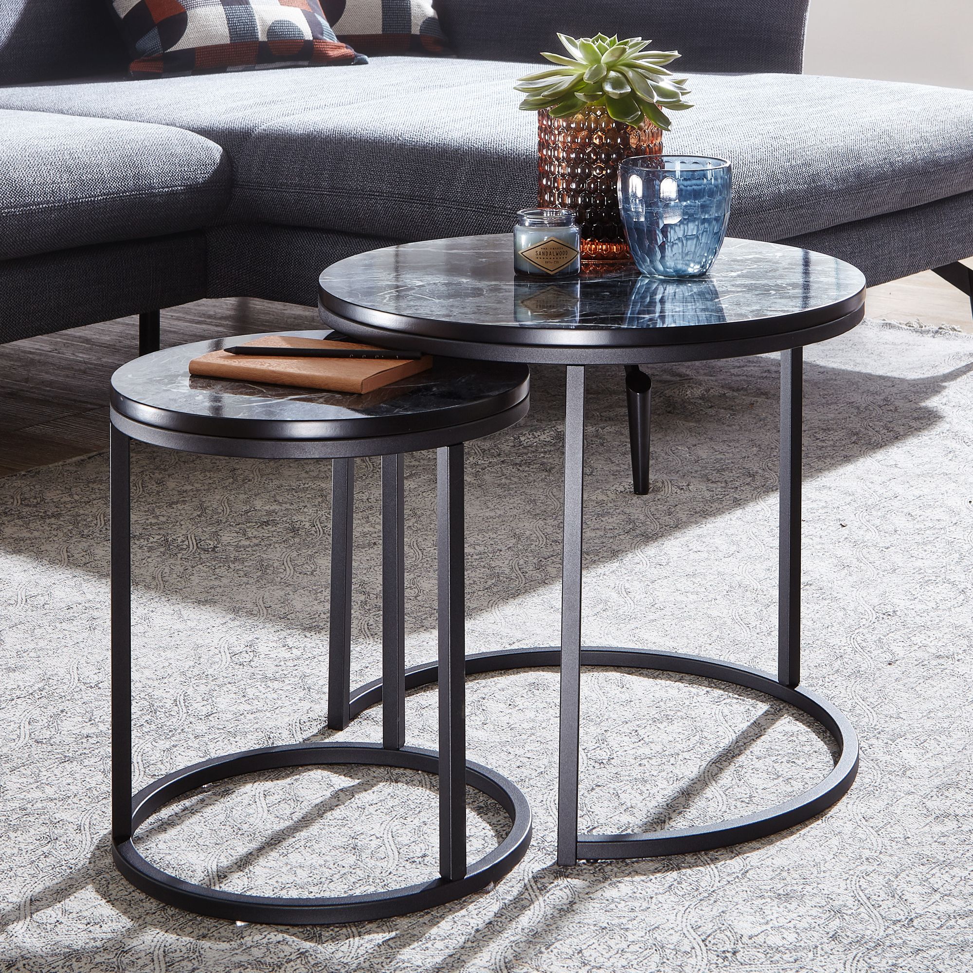 Design Side Table Set Of 2, Marble Look Round, Coffee Table 2-piece With Metal Frame, Small Living Room Tables, Modern Nesting Tables