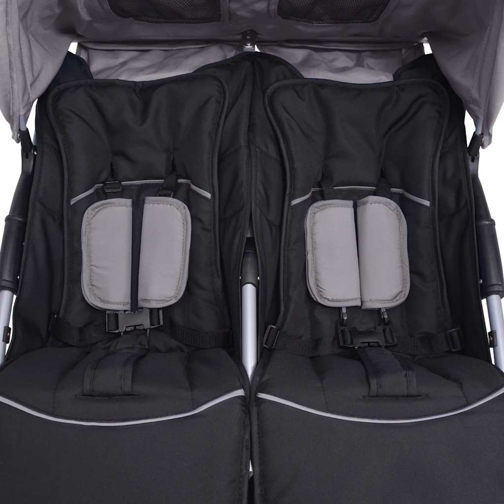 Twee-zits Wandelwagen in Staalgrijs en Zwart - Dubbele Wandelwagen, All-Terrain Wandelwagen, Opvouwbare Wandelwagen, Kinderaccessoire