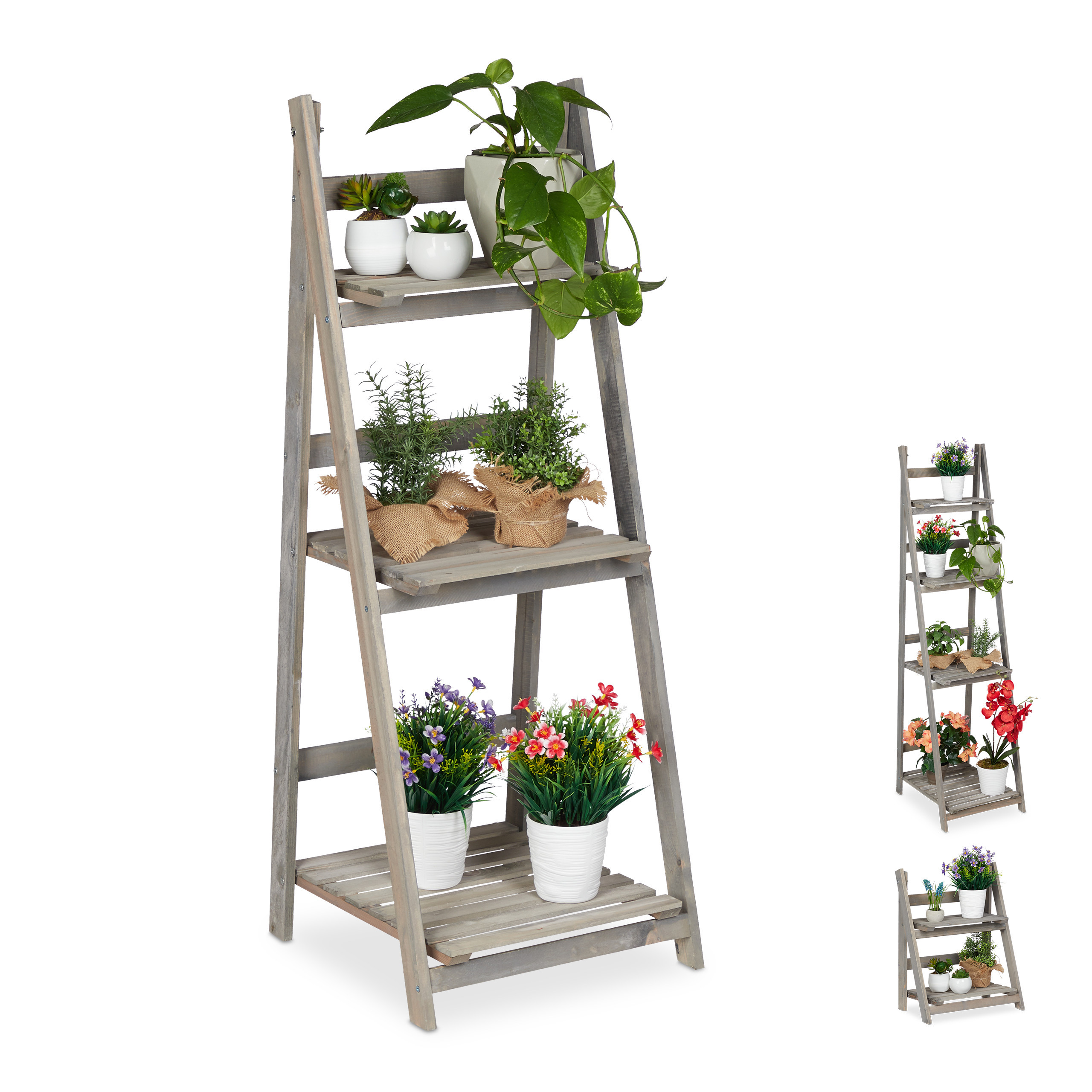 Image of Foldable Flower Ladder, 3 Tiers, 108 X 41 X 40 Cm, Fir Wood, Grey, Up To 15 Kg Per Tier, For Living Room, Hallway, , Balcony, And Protected Terrace, Plant Shelf, Flower Ladder, Flower Stand, Relaxdays