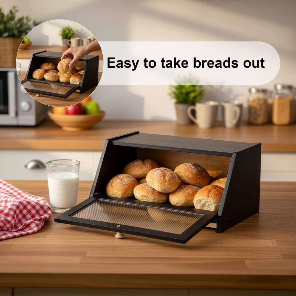 TEMU Ventilated Solid Pine Bread Box For Kitchen Countertop, Wooden Bread Bin Double Layer, Large Bread Storage Box With Acrylic Front Door, Vintage
