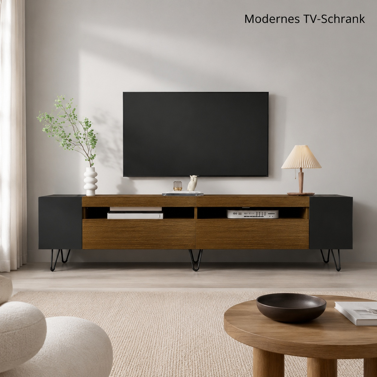 Image of Modern Tv Cabinet In Walnut Optics And Matte Black, Tv Cabinet With Large Storage Space For Living Room