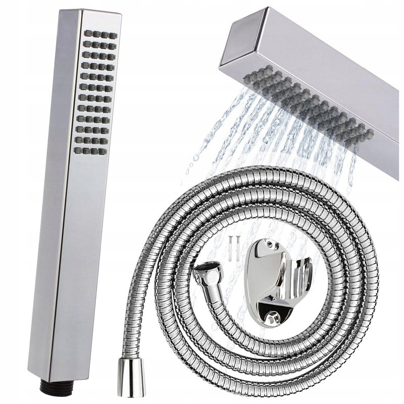 Image of Square Shower Set: Handheld Shower Head + Hose + Chrome Shower Holder