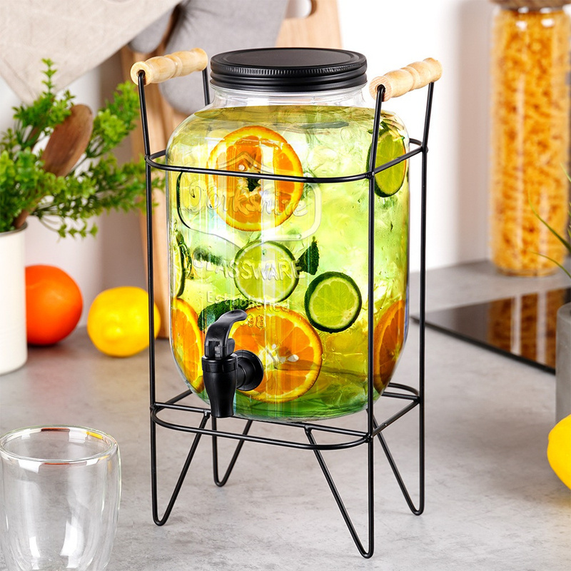 TEMU Un jarro de 4.2L con grifo y soporte negro - Ideal para limonada, jugo, té helado, punch, de vidrio con decoraciones en relieve, un soporte de