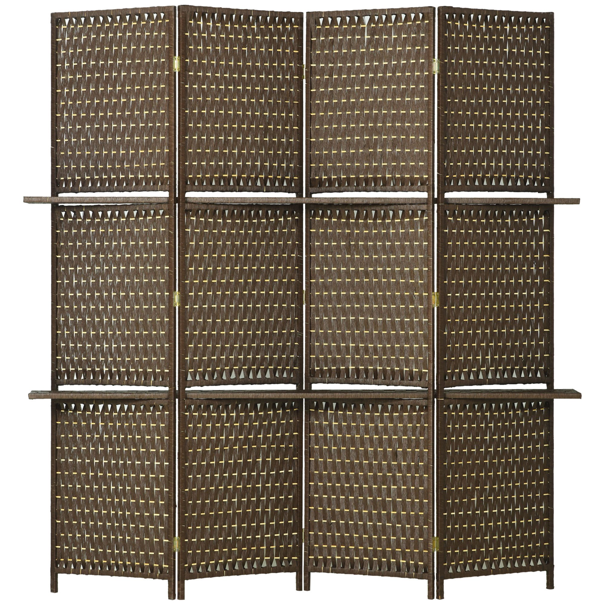 Homcom Indoor Room Divider 4 Panels 181l X 180h Foldable Shelves Pine Fiber Woven Brown