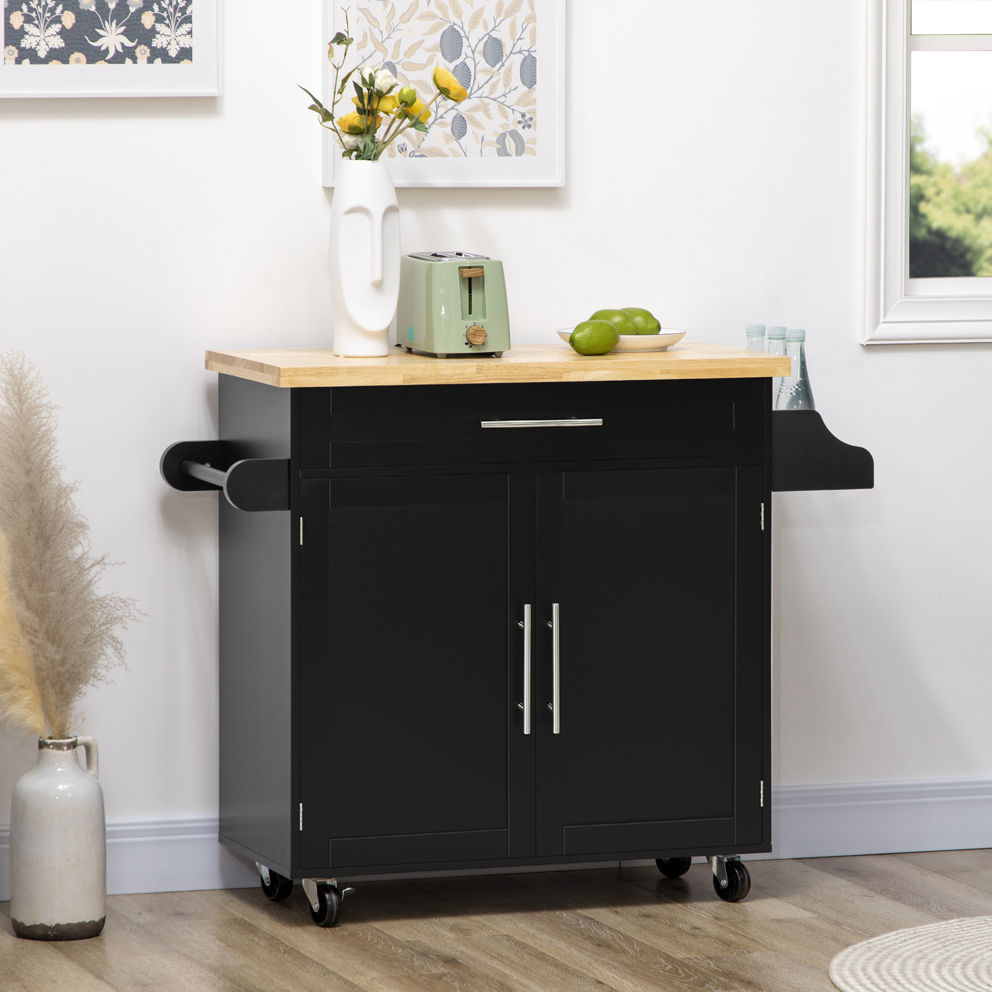 Kitchen Island Cart On Wheels With Worktop, Serving Cart With Drawer, Spice Rack, Towel Holder, Kitchen Trolley For Kitchen, Dining Room, Black, 109 X 40 X 89 Cm