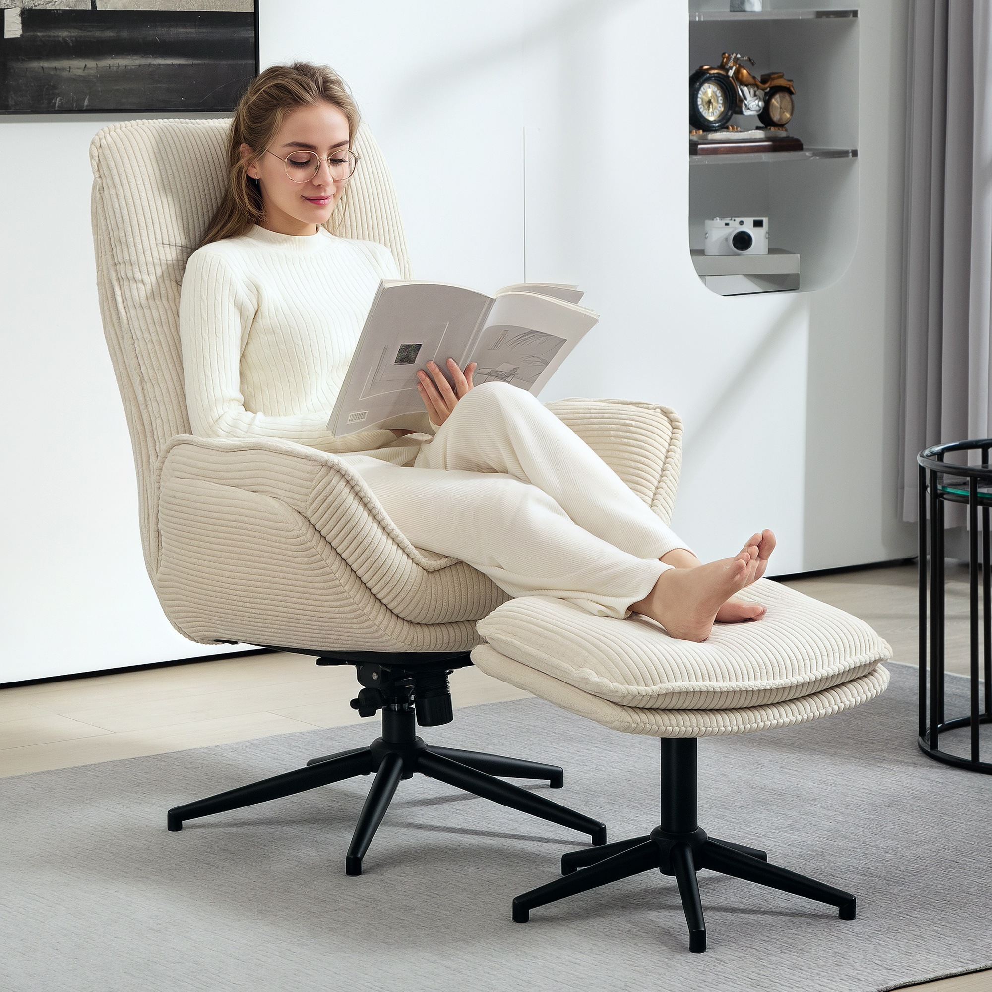 Recliner With Footstool 360° Rotatable Tv Chair With Recline Function Tv Chair With Cord-optic, Armchair For Living Room, Bedroom, Beige