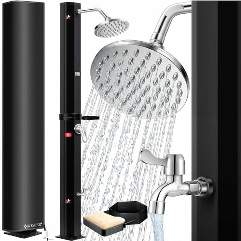 Image of Kesser® Solar Shower 60 Liter Solar Garden Shower Including Metal Shower Head, Protective Hood & Bag | Warm . 60°c | No | Pool Shower Camping | Rain Shower Head Faucet | Black