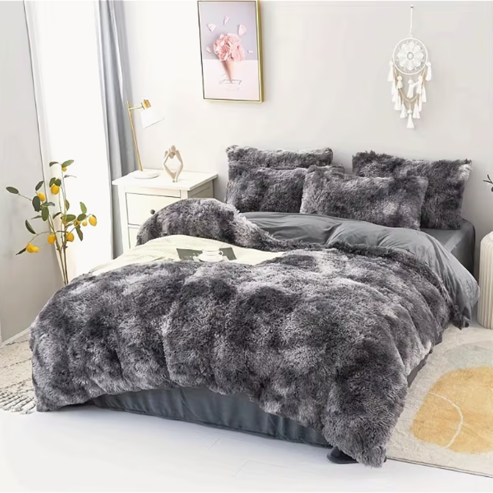 TEMU Mink Fleece Soft And Comfortable Three-piece Bedding Set With Duvet Cover And Pillowcases, Grey Tie-dye Fluffy And Warm Bed Set, Zipper Closure
