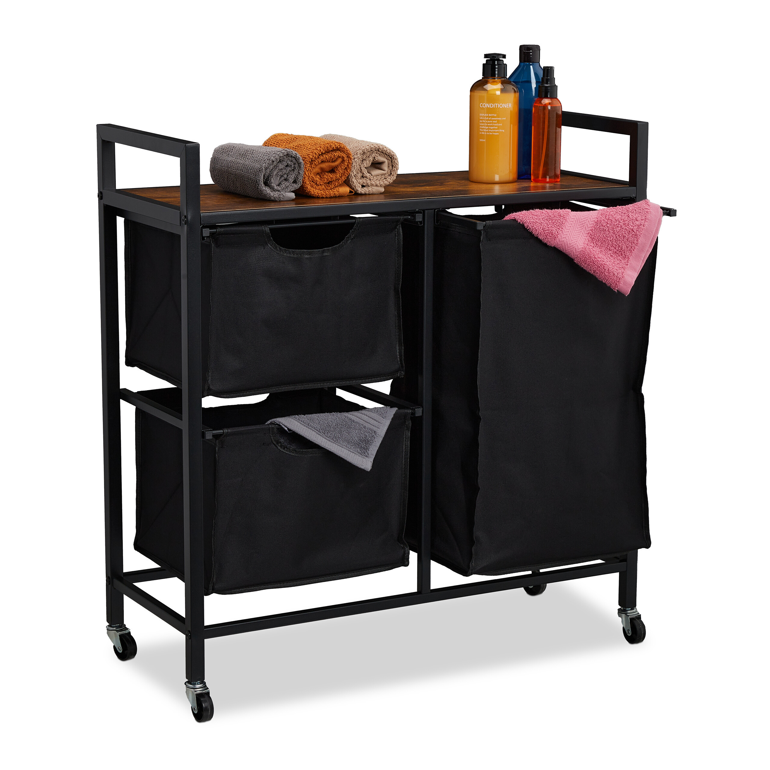 TEMU Laundry Rack, Extendable, 3 Compartments, 78 X 72.5 X 30.5 Cm, Mdf, Cotton And Iron, Black And Dark Brown, 4 Wheels With Brakes, Shelf To 10 Kg,