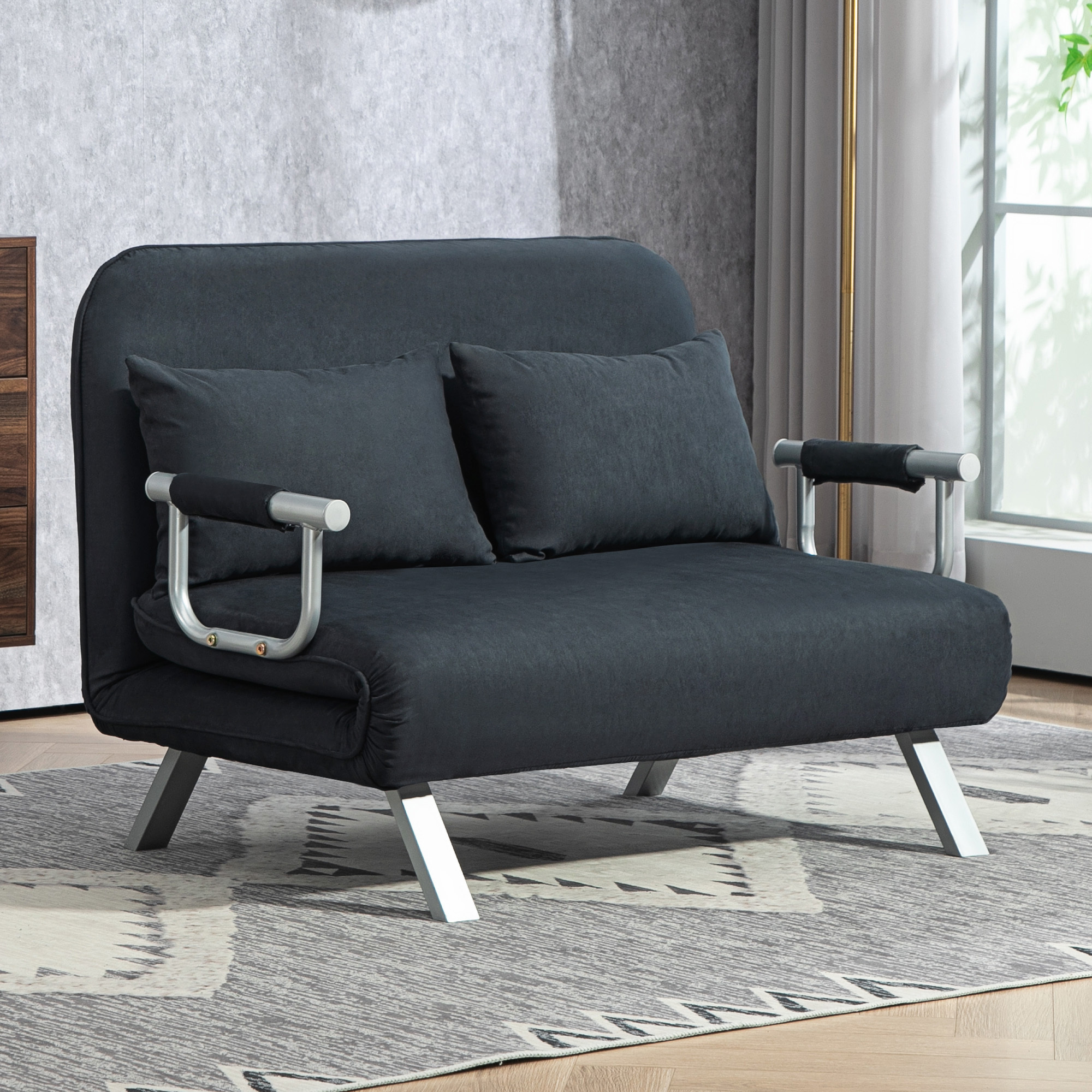 Image of 3-in-1 Sleeper Sofa 185x105cm With 5-position Adjustable Backrest, Throw Pillows, 2-seater Sofa With Sleep Function, Velvet Look, Chaise Lounge For Living Room, Bedroom, Black