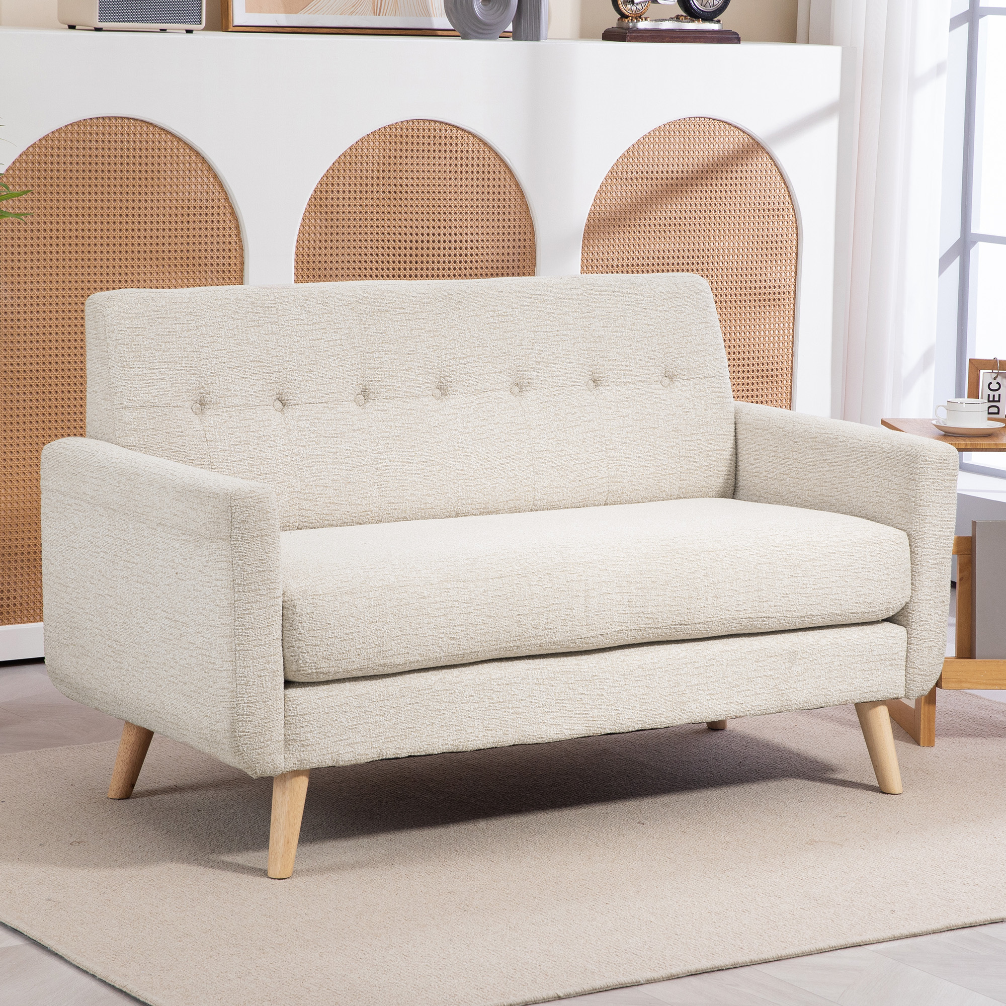 Image of 2 Seater Sofa, Couch With Thick Seat And Back Cushion, Velvet Look, Upholstered Sofa With Wooden Legs, Double For Living Room, Bedroom, Beige