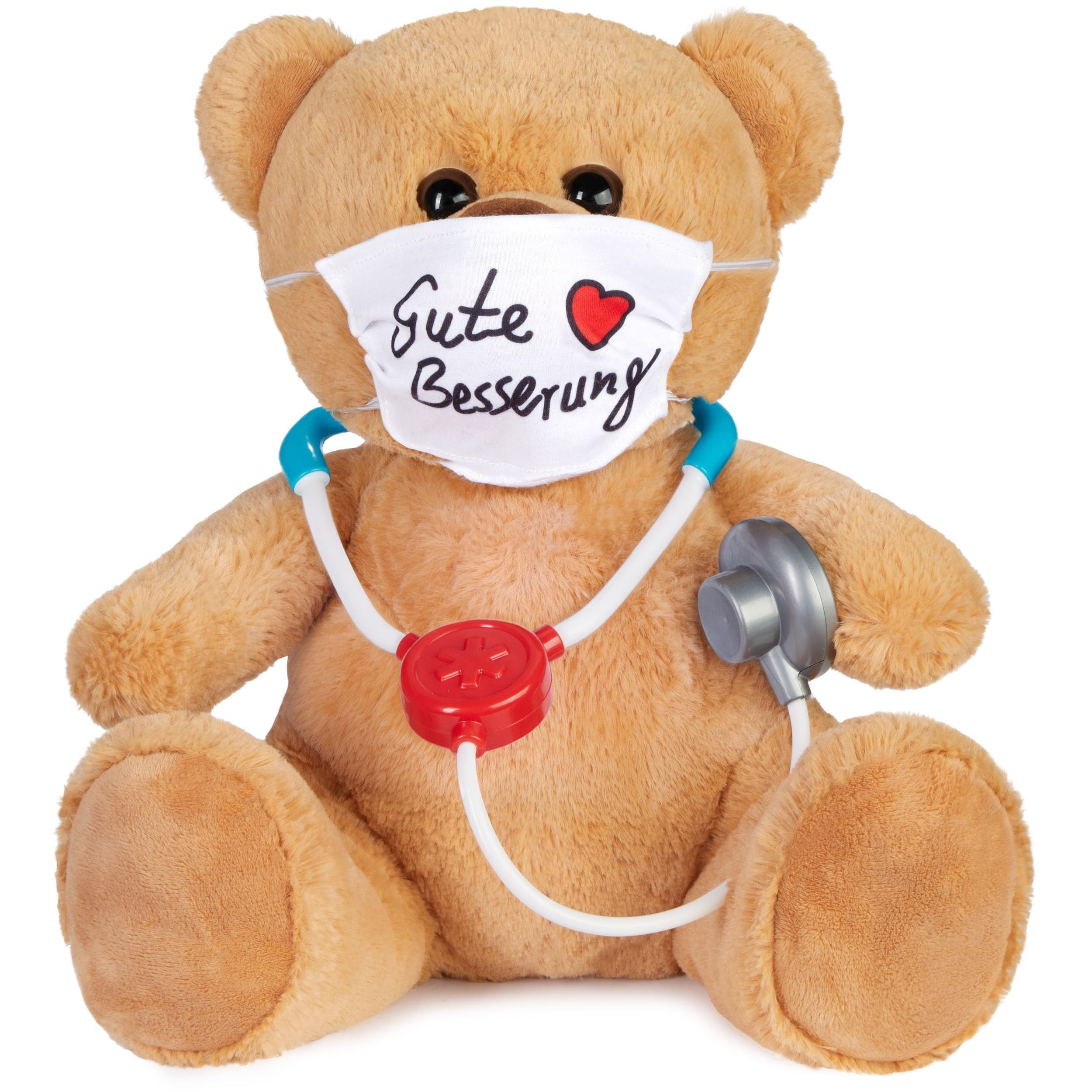 Image of Brubaker Teddy Bear With Mouthguard And Stethoscope - - 35 Cm - Teddy Bear With White Shirt - Plush Teddy - Light