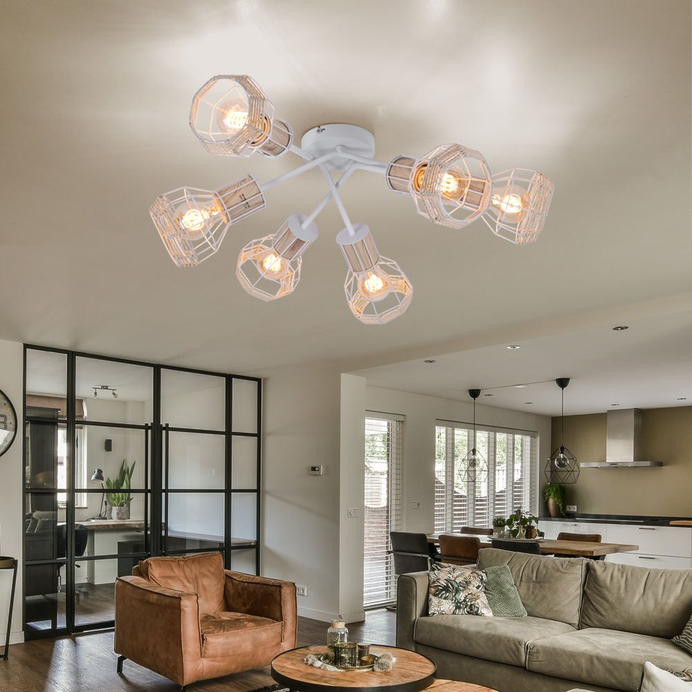 Ceiling Light Spotlight 6 Flame-shaped Spotlights Cage Shades Ceiling Lamp White Basket, Metal, Natural, 6x E27 Sockets, Dxh 70x24 Cm
