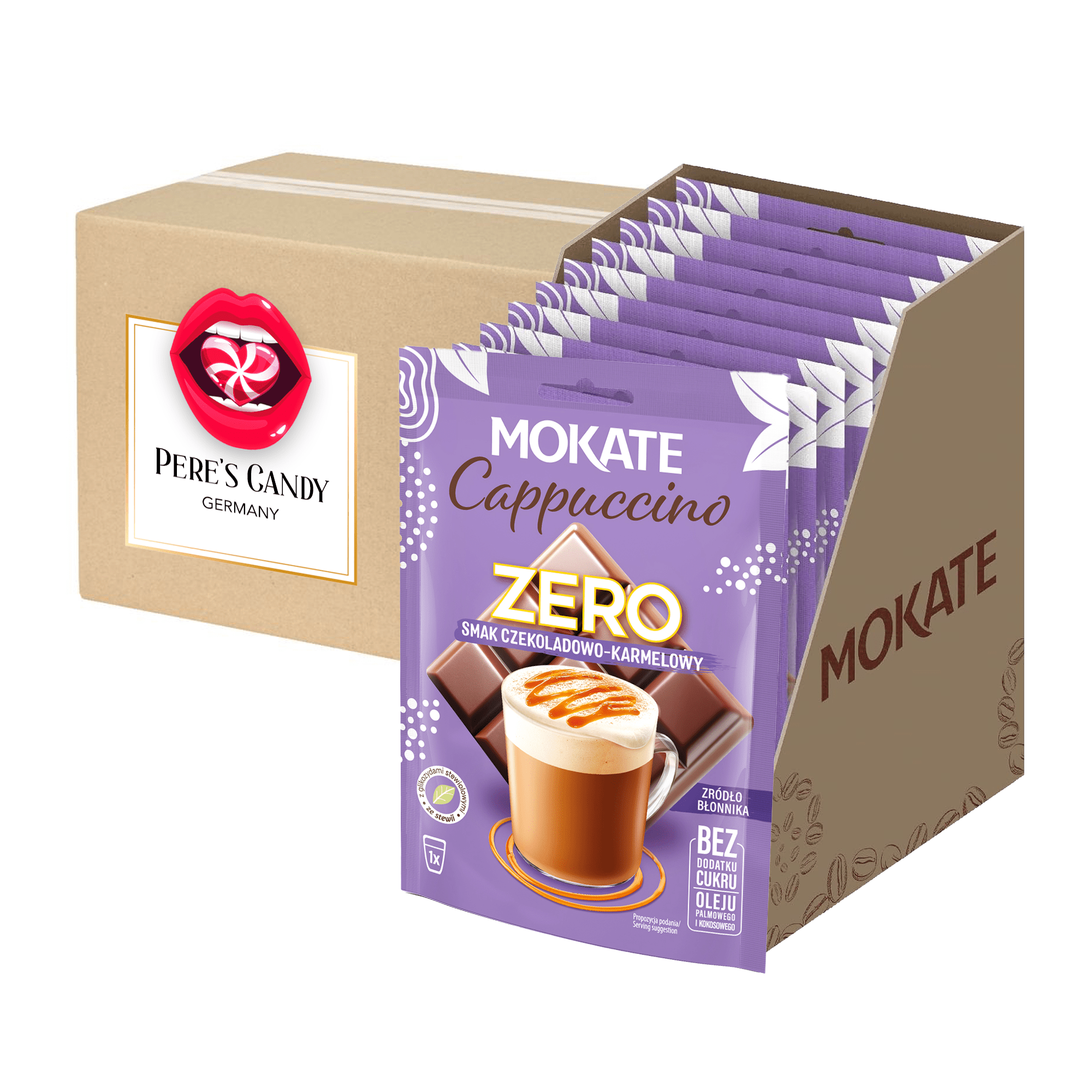E-shop 10er Pack MOKATE Cappuccino ZERO Schokolade & Karamell - Ohne Zuckerzusatz Instant - 10x20g