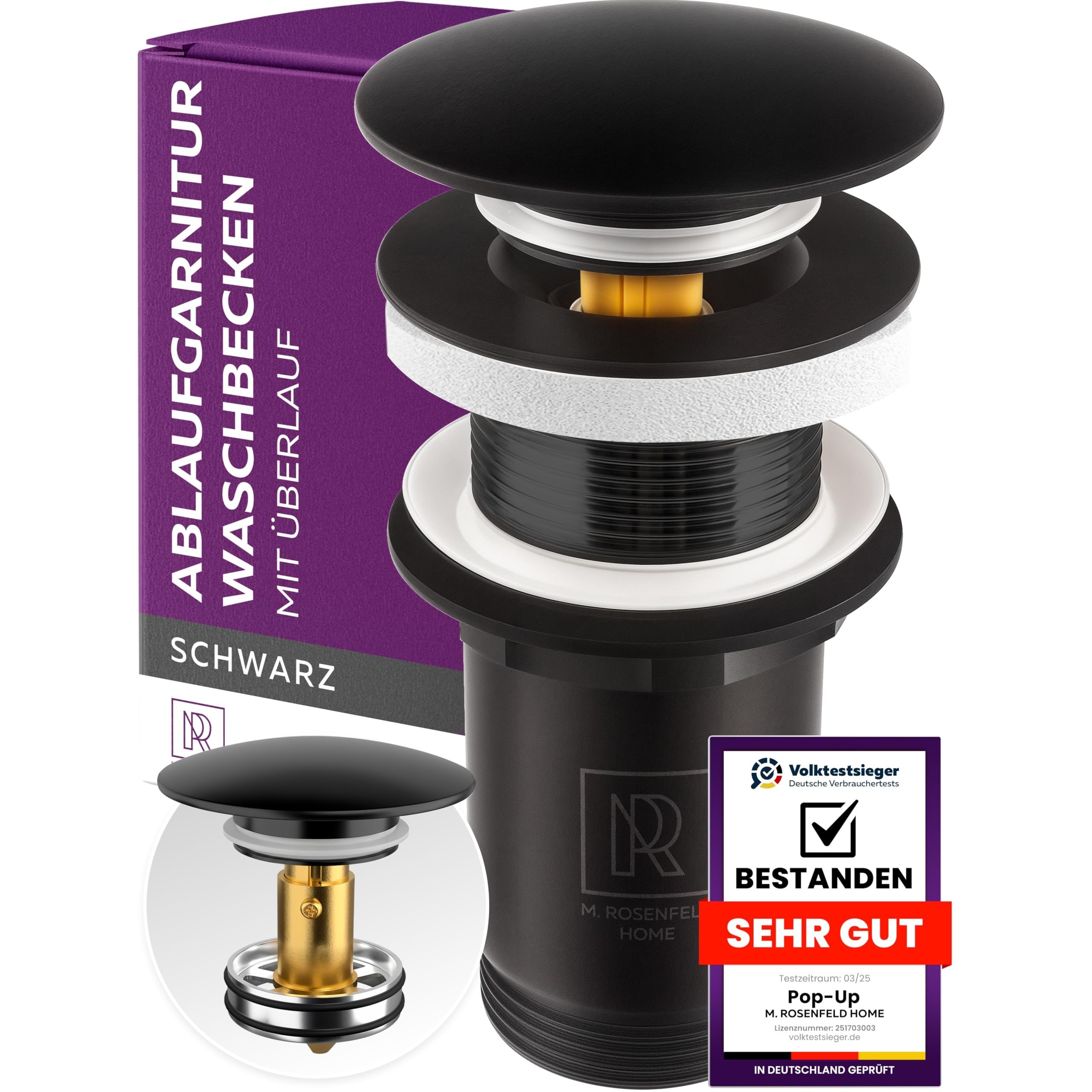 Image of Black Sink Drain Fitting Without Overflow 1 1/4" – Push Open Pop-up Drain Valve For Vanity Sink, Basin Drain & Drain Fitting