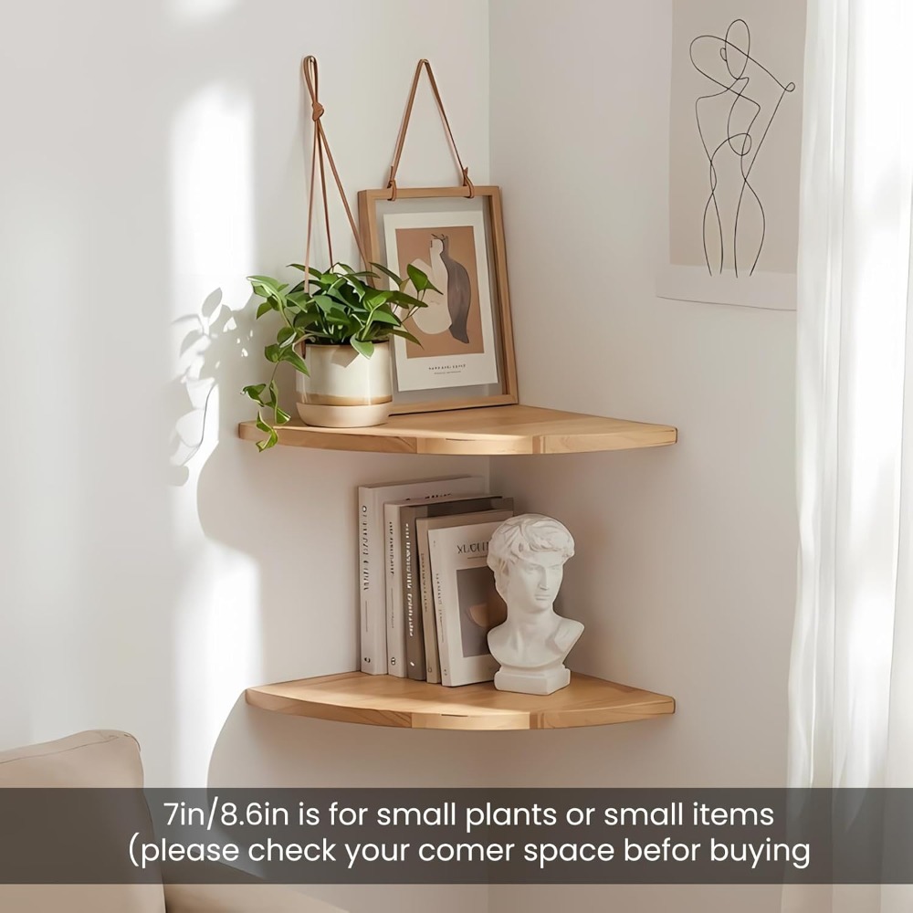 2pcs Solid Oak Corner Wall-Mounted Shelf with a Floating Rounded Corner Design And Cable Management Hole. This 90° Corner Wall-Mounted Shelf Is Suitable for Placing Speakers, Small Plants, Picture Frames, Etc., And Is Suitable for Bedrooms.