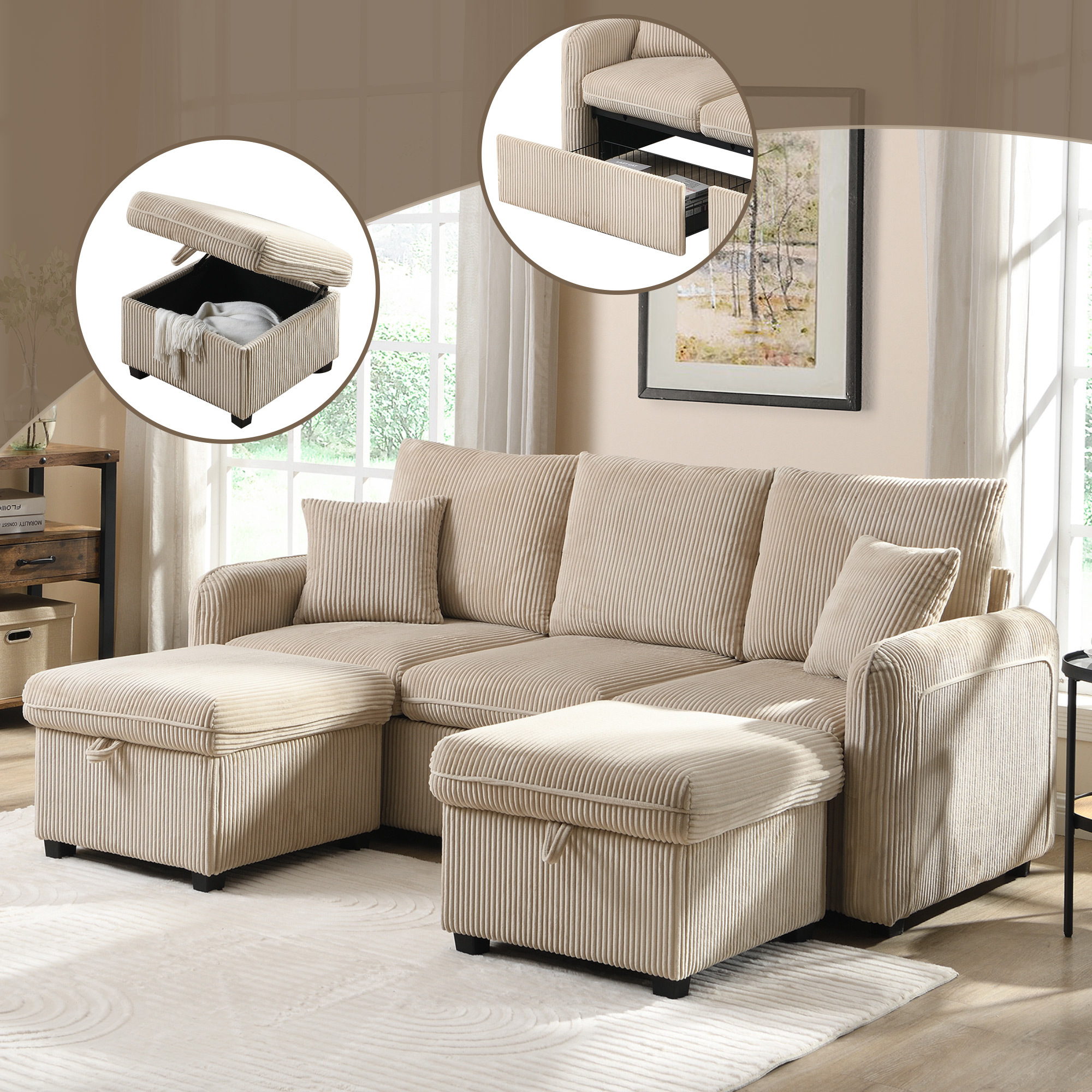 Image of Multifunctional Corner Sofa Three-seater Upholstered Sofa With Storage Function – Including Drawers + Stool With Storage Compartment, Modular Disassembling Sofa Set With Sleeping Function, Cord Fabric