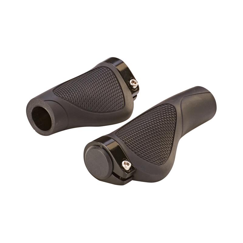 Image of Prophete Ergo Grips, 1 Pair, Black, 132mm Length, Ergonomically Shaped, Aluminum Screw-on Attachment, Compatible With Twist Grip Shifters – Comfortable Bicycle Grips