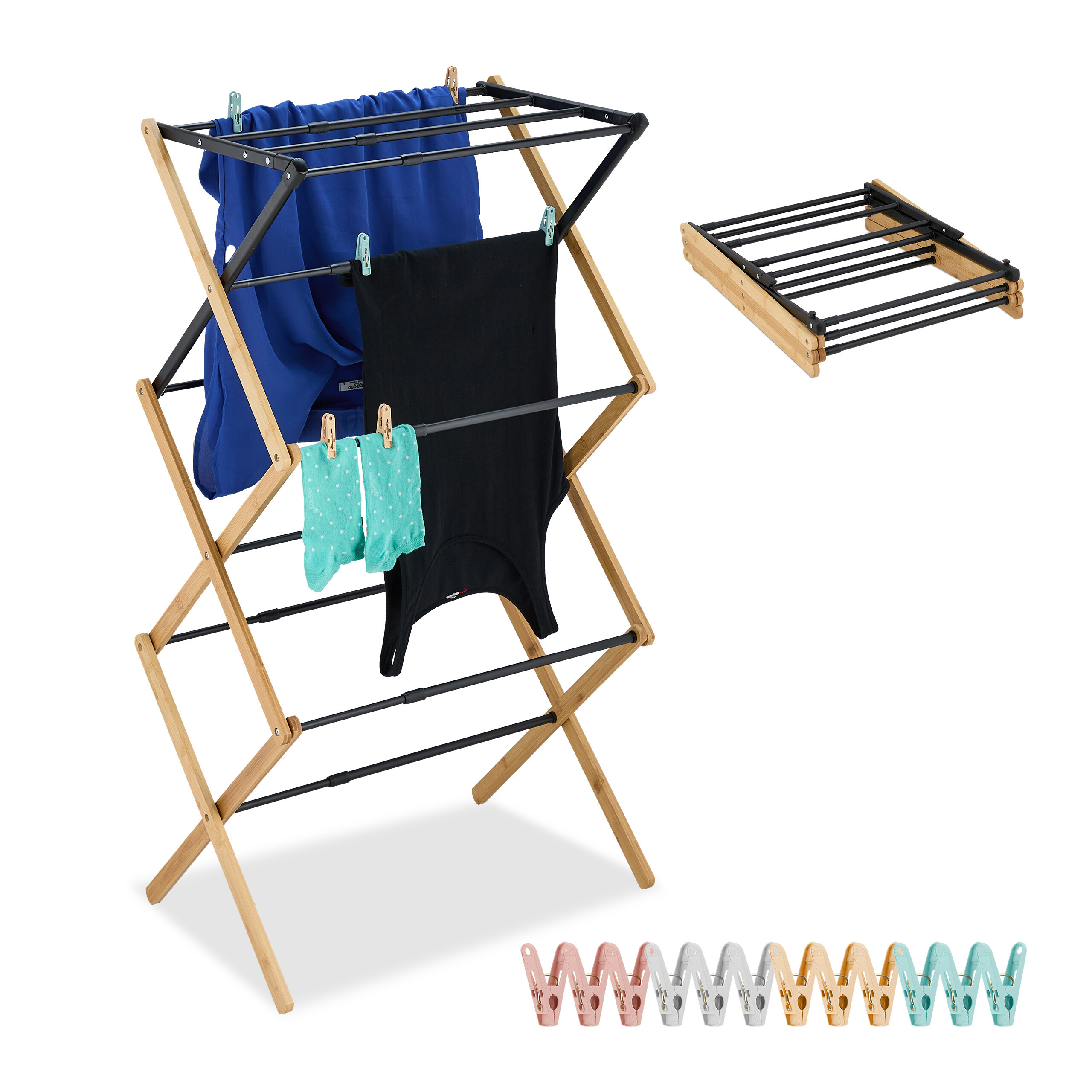 Clothes Drying Rack In Black/ Natural - (w)75 X (h)105 X (d)37 Cm