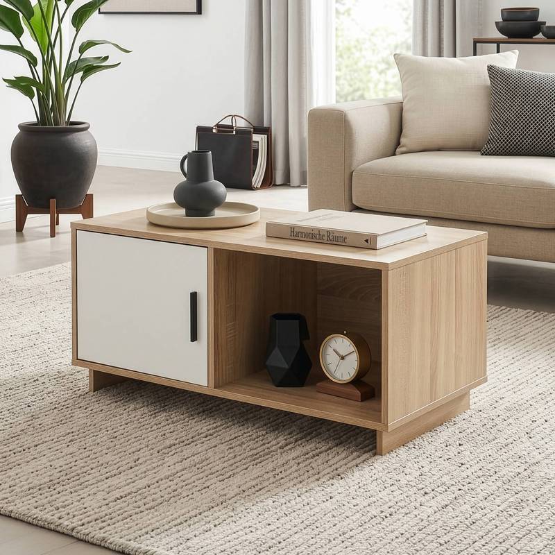 Image of Kenta Coffee Table With Door, 80 X 45 X 40 Cm, Oak Look / White